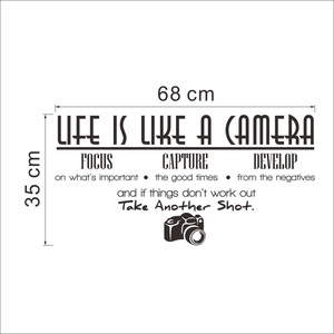 Sticker mural Life is Like a Camera avec icône appareil photo et citation, 68x35cm