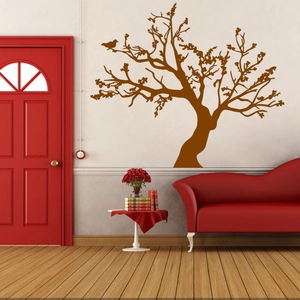 Creative large brown tree wall decal with leaves and birds in a modern living room