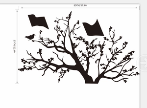 Detailed black tree wall decal silhouette with flying birds, measuring 95x57cm for home decor