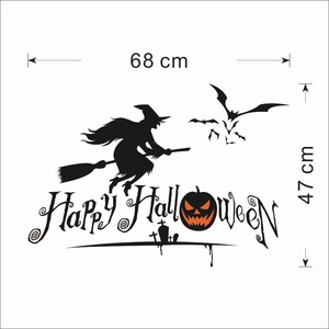 Halloween wall sticker with witch silhouette bats and Happy Halloween text 68x47cm