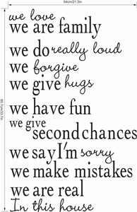 Family House Rules wall decal with black typography and quotes measuring 54x85.7 cm