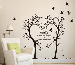 Sticker mural avec citation famille et arbres entrelacés en forme de cœur
