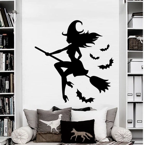 Sticker Mural Halloween Sorcière sur un Balai Silhouette Chauve-souris PVC Noir Amovible Imperméable Décoration Maison Mural Art
