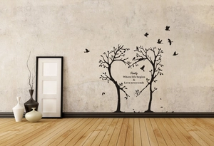 Détail du sticker mural Arbre de l'Amour Familial avec oiseaux et citation zen