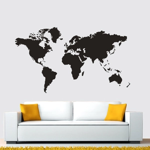 Minimalist black world map vinyl wall decal for modern office and living room decor