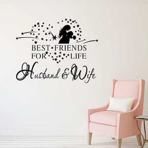 Sticker mural romantique avec texte Husband and Wife et silhouette de cœur décoratif