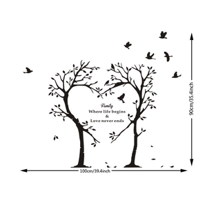 Sticker mural arbre de famille en forme de cœur avec oiseaux et citation inspirante