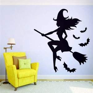 Stickers muraux Halloween créatifs avec sorcière sur balai et chauves-souris noires