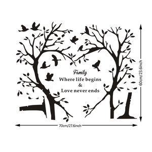 Sticker mural arbre généalogique en forme de cœur avec oiseaux et citation noire décorative