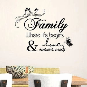 Sticker Mural Citation Family Where Life Begins Love Never Ends Vinyle Papillon Décalcomanie Imperméable Murale Maison Décoration