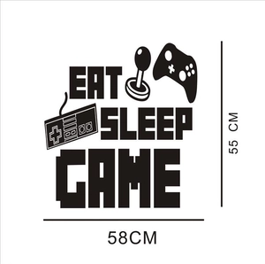 Détail du sticker mural Eat Sleep Game montrant les dimensions 55x58cm et le joystick