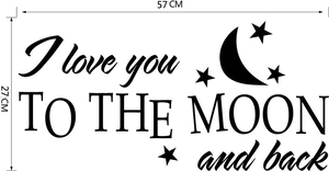Sticker mural I love you TO THE MOON and back avec lune et étoiles, déco noir 57x27cm