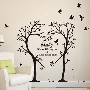 Sticker Mural Arbre de Cœur Famille PVC Amovible Oiseaux Volants Citation Salon Chambre Décoration Murale Art