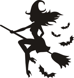 Sticker mural silhouette de sorcière d'Halloween sur balai avec chauves-souris décoratif