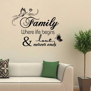 Sticker mural phrase Family avec fleurs et papillons pour salon et décoration de chambre