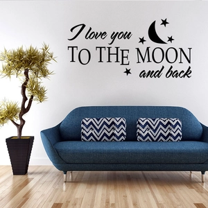 Sticker Mural I Love You To The Moon And Back Citation PVC Avec Lune et Étoiles Noir Décoration Maison Salon Chambre
