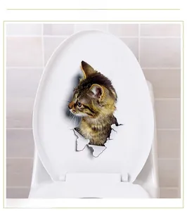 Detailed 3D hole-effect wall sticker featuring a realistic ginger cat on a toilet lid