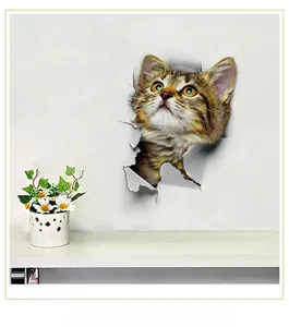 Detailed 3D wall sticker featuring a realistic tabby cat peeking through a broken wall hole