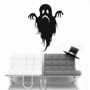 Detail of a minimalist black ghost wall decal for Halloween in a modern room setup