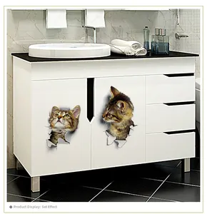 3D realistic cat wall decals shown on a white bathroom cabinet for home decor