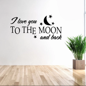 Sticker mural noir 'I love you to the moon and back' avec lune et étoiles décoratif