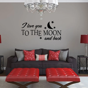 Sticker mural romantique 'I love you to the moon and back' avec lune et étoiles au salon