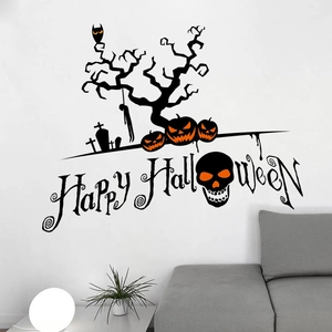Spooky Halloween wall sticker featuring dark tree, skull, and pumpkin in a home setting