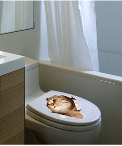 3D realistic orange tabby cat wall sticker appearing through hole for bathroom decor