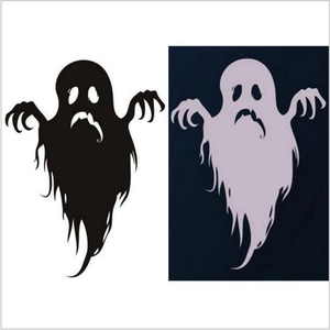 Detail view of cartoon ghost stickers in black and purple for Halloween wall decoration