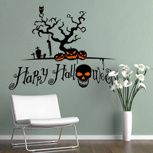 Halloween wall sticker featuring haunted tree and pumpkins in a modern living room