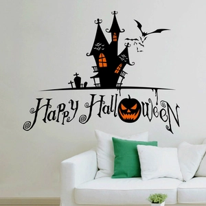 Adesivo murale Halloween con castello nero, zucche arancioni e pipistrelli volanti