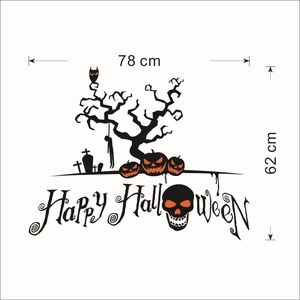 Detailed dimensions of Halloween wall sticker featuring dead trees and pumpkins