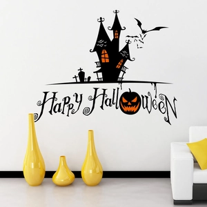 Adesivo murale di Halloween con castello oscuro, pipistrelli e motivo zucca Happy Halloween