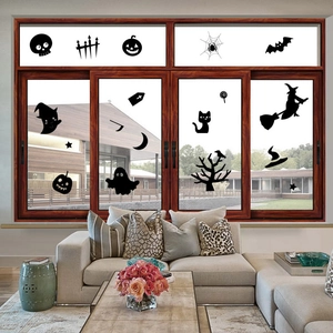 Halloween window silhouettes featuring pumpkin, bat, and ghost for home wall decor