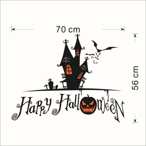 Dettaglio di adesivo murale Halloween con silhouette nera di castello e pipistrelli