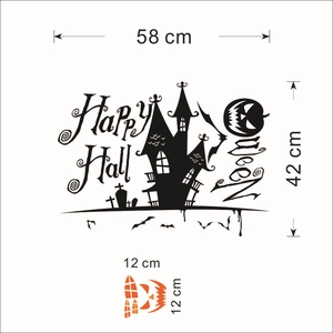 Adesivo murale Halloween con castello oscuro, zucca e testo Happy Halloween da 58x42 cm
