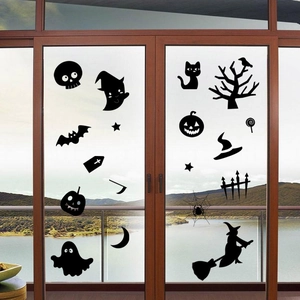 Black Halloween window silhouette stickers featuring ghosts bats and pumpkins for home decor