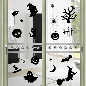Detailed Halloween wall stickers featuring ghosts, black cats, and pumpkins on glass doors