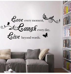 Love Laugh Live vinyl wall decal with elegant black butterflies for living room decor