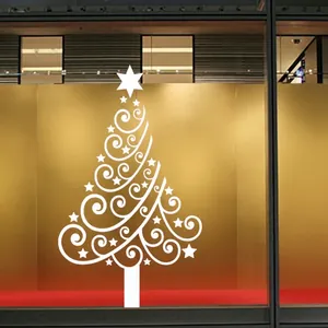 Minimalist white Christmas tree window decal with spiral design and star elements