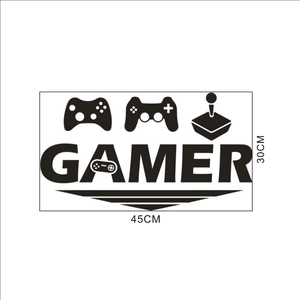 Détail d'un sticker mural gamer noir 30x45cm avec icônes de manettes de jeu et joystick