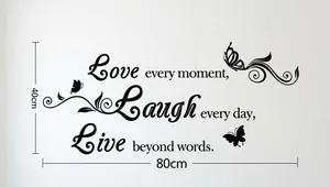 Inspirational Love Laugh Live black PVC wall sticker with butterflies, 80x40cm size