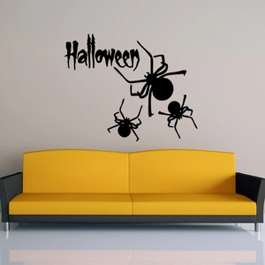 Sticker mural Halloween moderne avec araignées noires et texte décoratif sur un mur