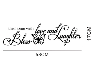 Inspirational butterfly wall decal Bless this home with love and laughter black sticker
