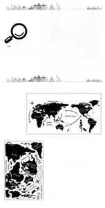 Detail showing world map wall sticker layout dimensions and DIY travel silhouettes