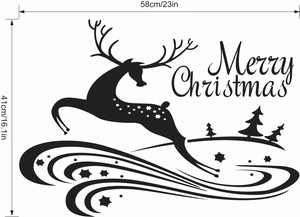 Sticker mural de Noël avec silhouette de renne et sapin, taille 58cm par 41cm
