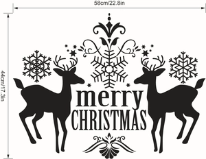 Detailed size chart showing Merry Christmas deer wall sticker dimensions 58cm x 44cm