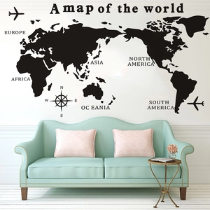 World map wall decal with continent names and compass for modern living room decor