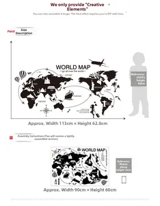 Detailed world map wall sticker dimensions showing layout size 90x60cm and final display view