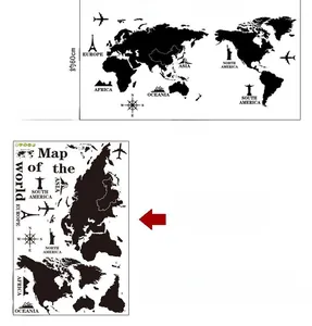 Detail showing world map wall sticker dimensions and layout for bedroom decor